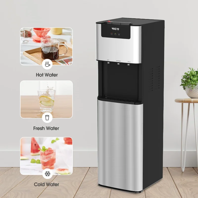 VECYS محمل سفلي 3 5 جالون موزع مياه ذاتي التنظيف، مبرد مياه ساخن وبارد مع قفل أمان للأطفال