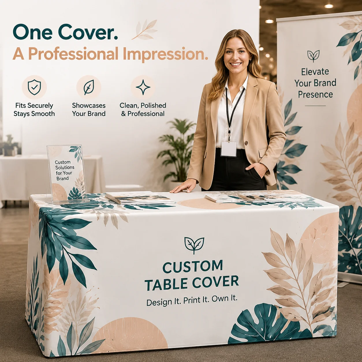 

Personalized Table Cover Custom Logo Tablecloth Full Color Printed Table Throw for Exhibition Display Booth