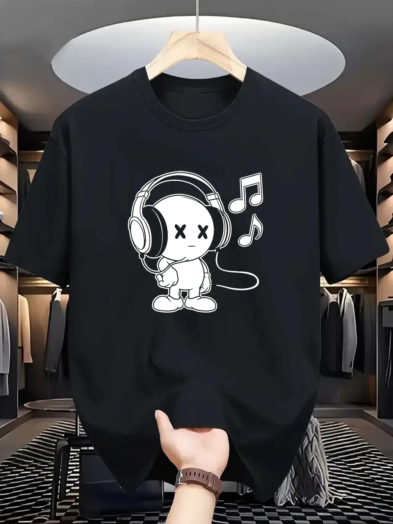 تي شيرت رجالي صيفي 100% قطن غير رسمي فضفاض مقاس كبير بطابع موسيقي مطبوع مريح رياضي برقبة دائرية وأكمام قصيرة #6