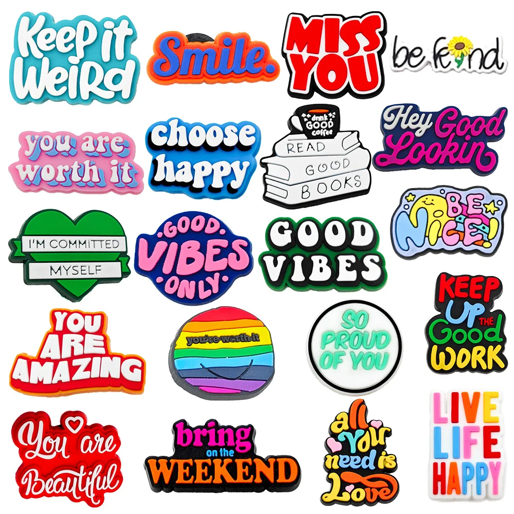 Hot 1PCS Fashion DIY Cartoon Inspirational English Phrases PVC Cute Letters Shoe Charms Decorate Accessories Girl Kid X-mas Gift