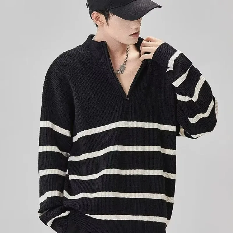 

Мужской повседневный полосатый цветной свитер Blo, большой размер 300, высококачественный вязаный свитер Lazy Sle, осенне-зимний бейсбольный свитер...