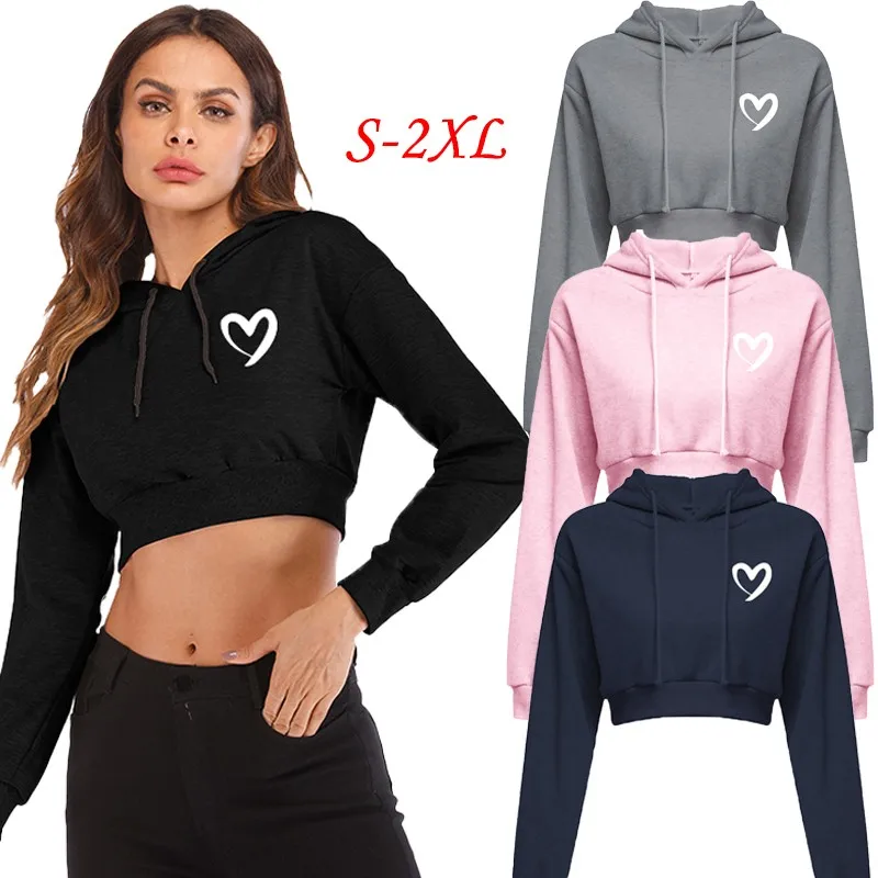 

S-2XL Fashion Women's Long sleeved Hoodie Top Sexy Open Navel Love Printed Sweatshirt Hooded