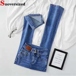 Korean Vintage Split Skinny Flare Jeans Women High Waist Stretch Casual Boot Cut Denim Pants Solid Streetwear Slim Vaqueros New