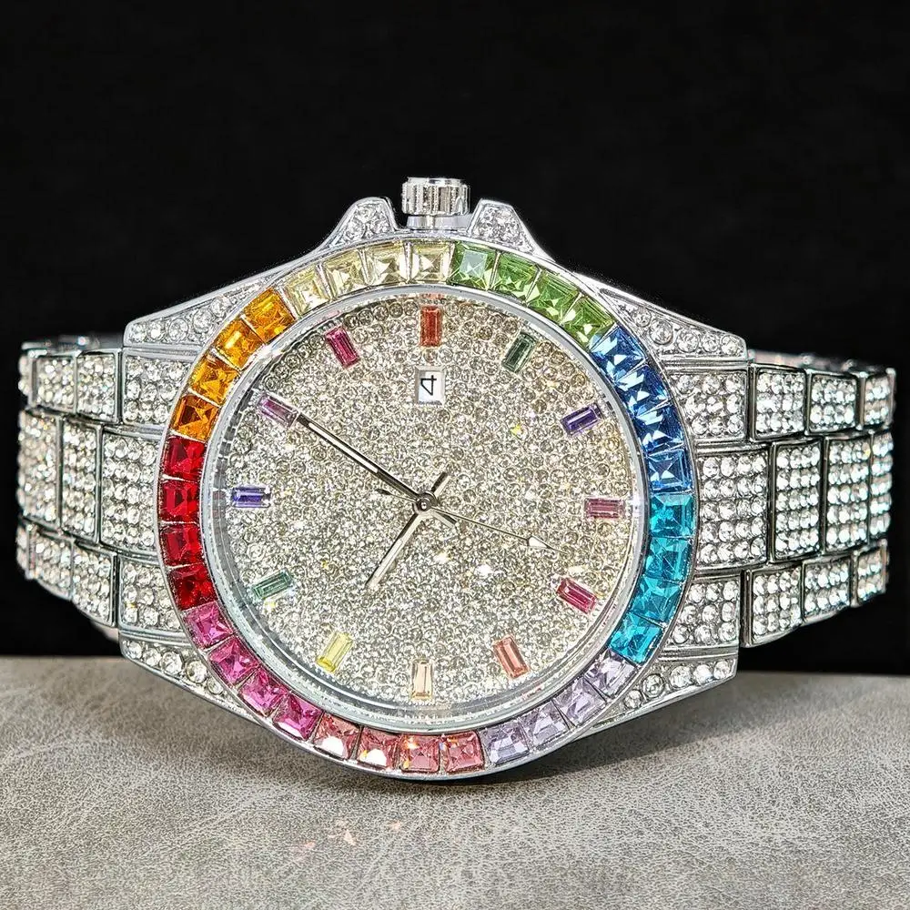 

UNIGUET модные мужские часы со льдом, роскошные водонепроницаемые кварцевые часы в стиле хип-хоп, ювелирные изделия с радужными бриллиантами, наручные часы, мужские дропшиппинг