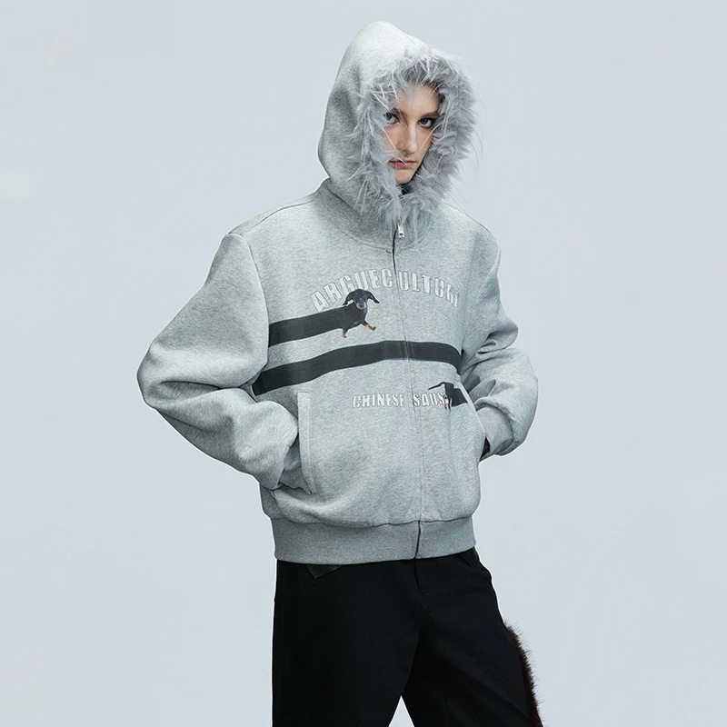 LUZHEN شتاء جديد الفراء مقنعين رسالة سحاب مطبوع البلوز الرجال النساء 2025 موضة وسيم فضفاض ملابس كاجوال JY4787