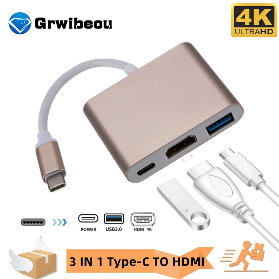 

Type-C HUB USB C To HDMI-Compatible Splitter USB-C 3 IN 1 4K HDMI USB 3.0 PD Fast Charging Smart Adapter For MacBook PC laptop