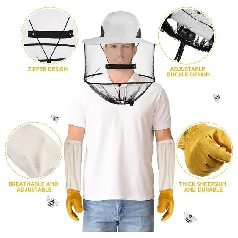 ABMR-Bee Keeping Equipment Includes Bee Keeper Fencing, Ventilated Sleeves, Bee Keeping Hat And Thick Goatskin Leather Gloves