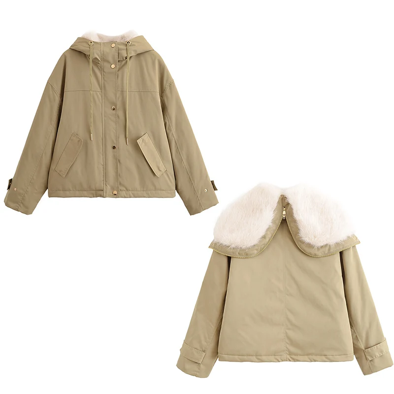 

Women's Parka Coat 2025 New Fashion Autumn and Winter Khkai Warm Fur Hooded Short Parkas Coat for Women Casual Chic Ladies Coat