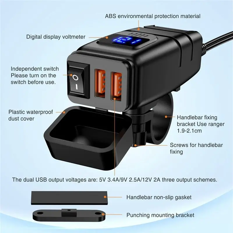 Multi-Purpose 6.8A Quick Charge 3.0 Dual USB Motorcycle Phone With Voltmeter & ON/Off Switch