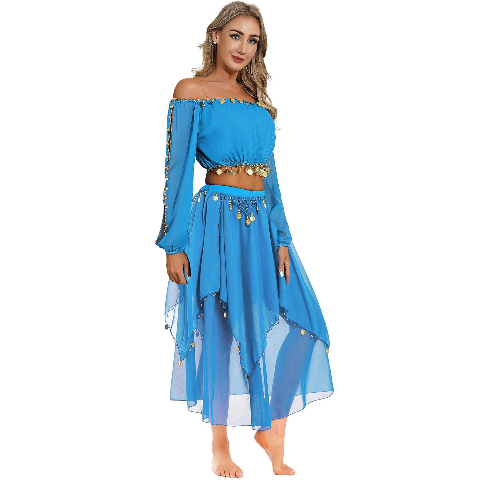 Lyrical Womens Shiny Belly Dance Outfit Performance Costumes Crop Top And Sequin Trims Chiffon Skirt Suit for Dancing Party Show