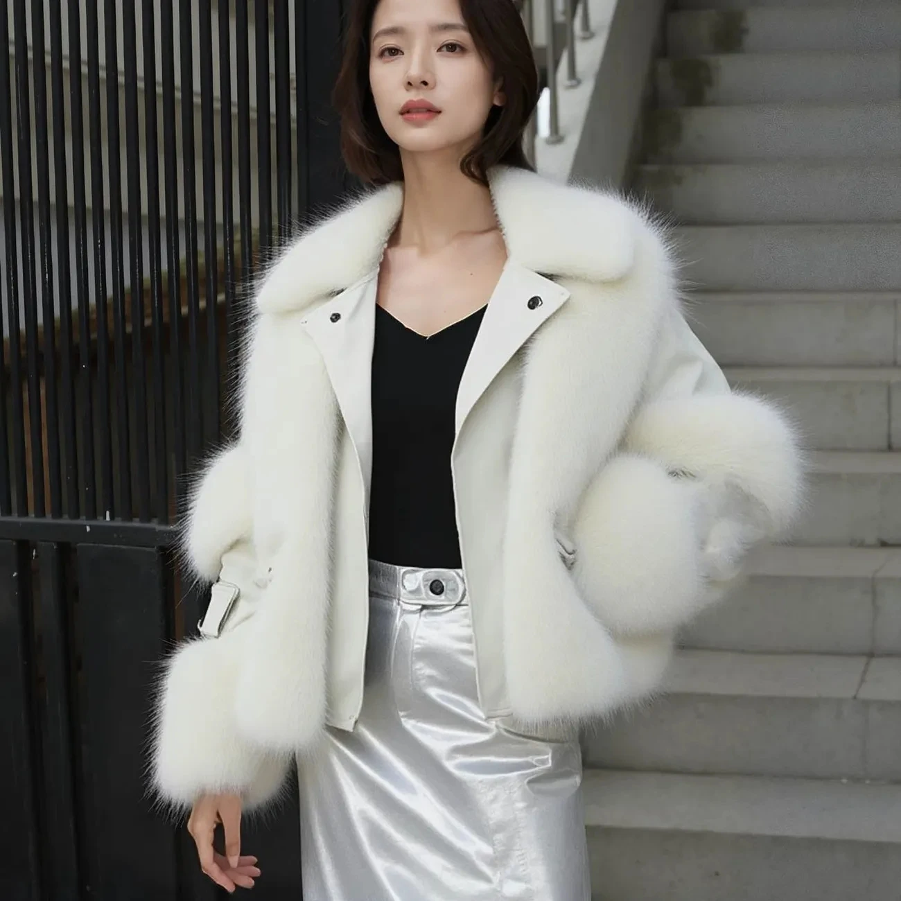 2025 Winter New Fashion Faux Fox Fur Short Young Coat Temperament socialite Ladies Motorcycle Fur Coats Female Short Zipper Tops