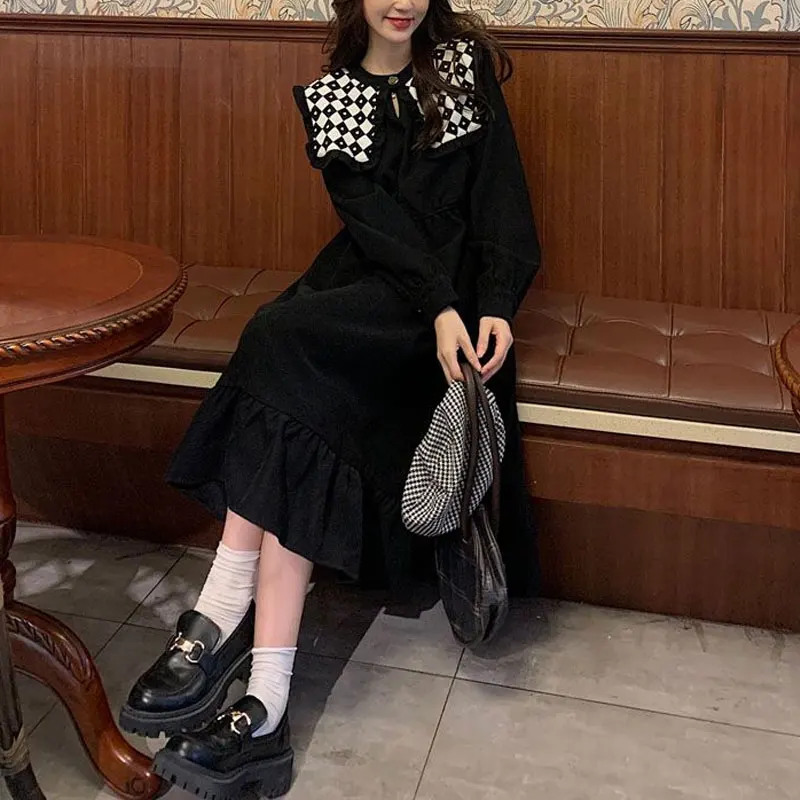 Vintage Printed Doll Collar Midi Dress Women\'s Clothing Sweet Patchwork Spring Autumn Long Sleeve Elegant A-Line Waist Dresses