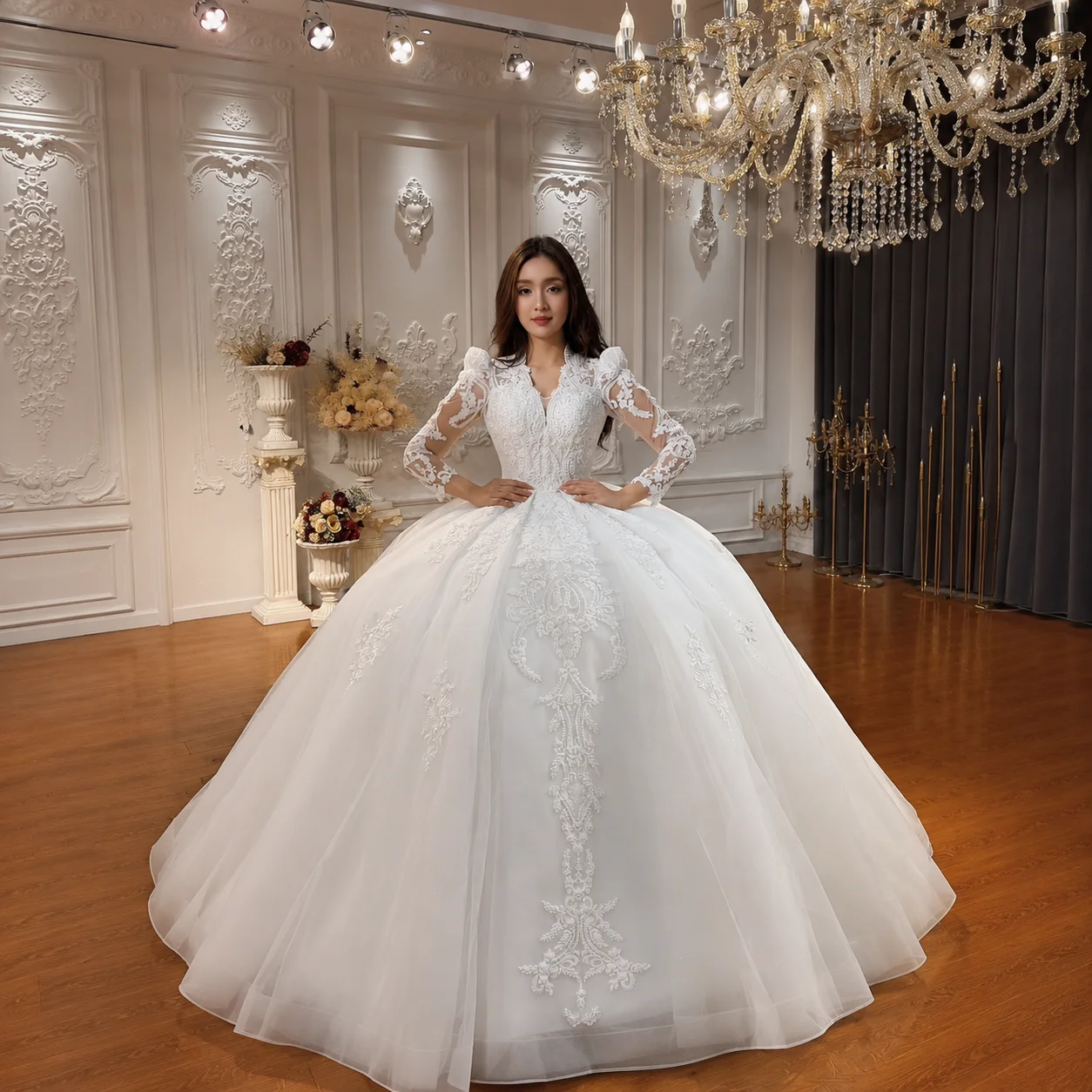 Customized No Train Bridal Gown Long Sleeve Lace Appliqué Floor Length Wedding Dress Custom Made Amanda Novias Official