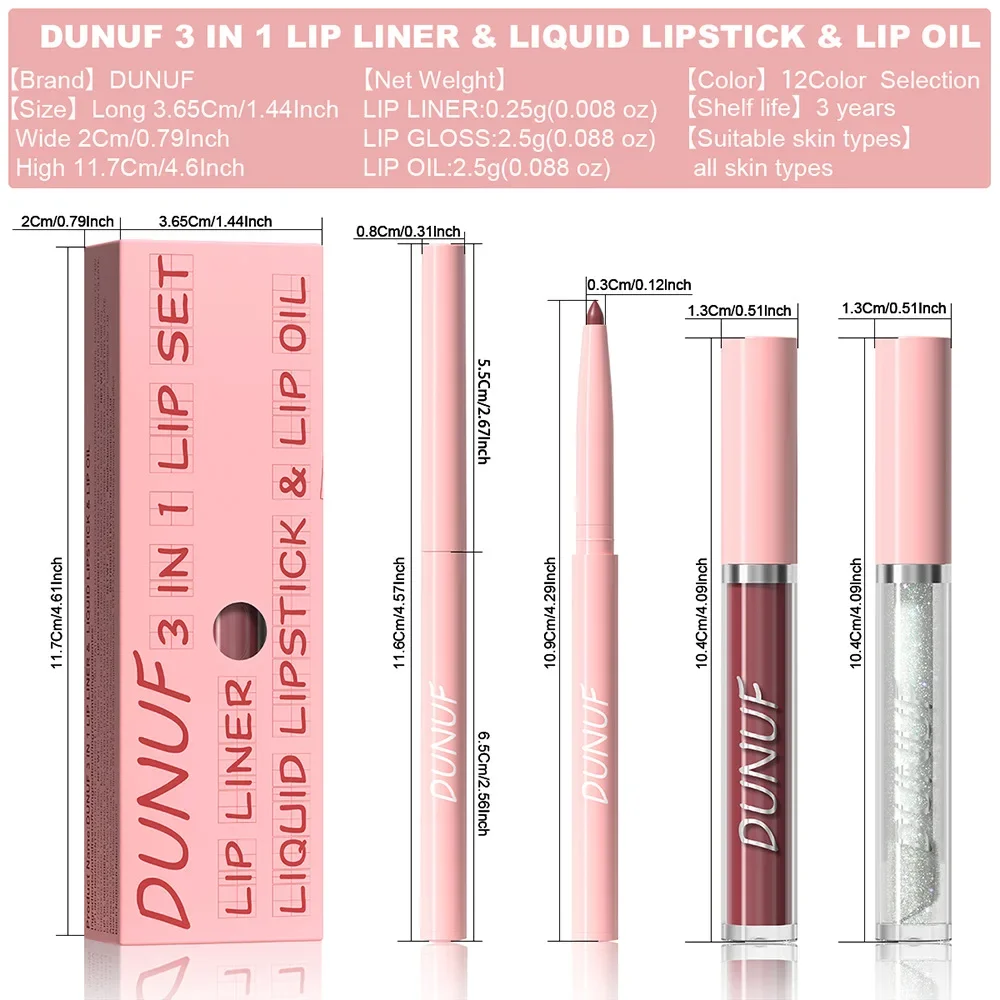 DUNUF Liquid Lipstick Velvet Matte Lip Liner Pearlescent Lip Oil 3In1 Kit Waterproof Non-Sticky Matte Strong Color Rendering