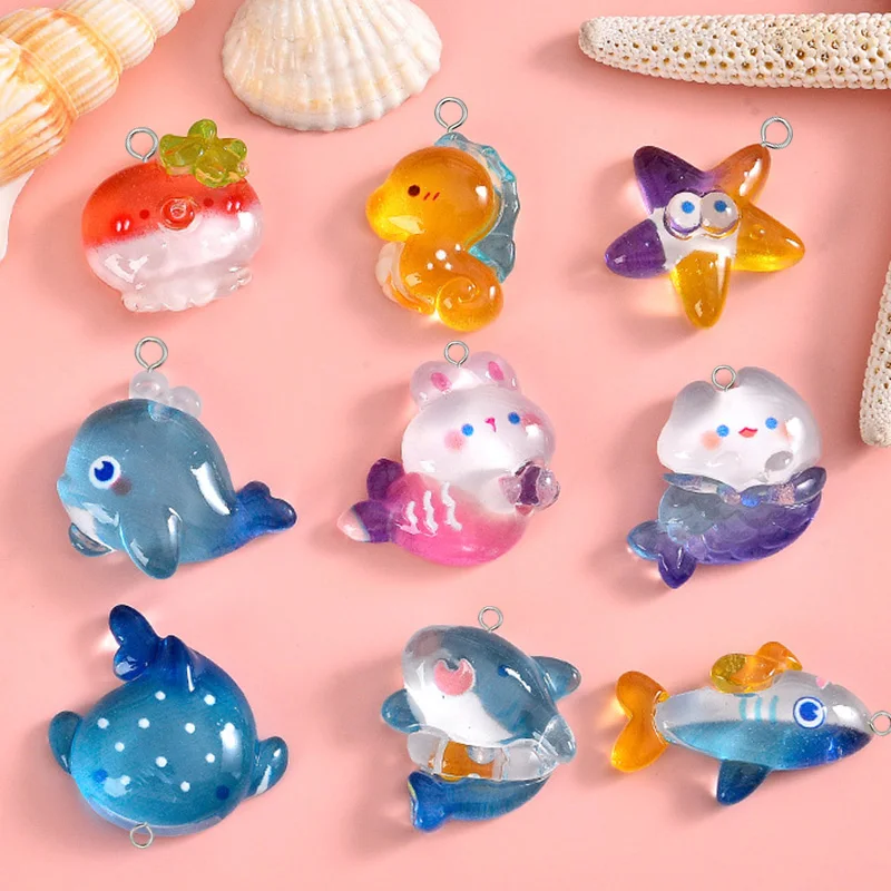 10pcs Kawaii Marine Whale Shark Starfish Seahorse Resin Charms Lovely Mermaid Fish Pendant For Earring Keychain Diy Jewelry Make