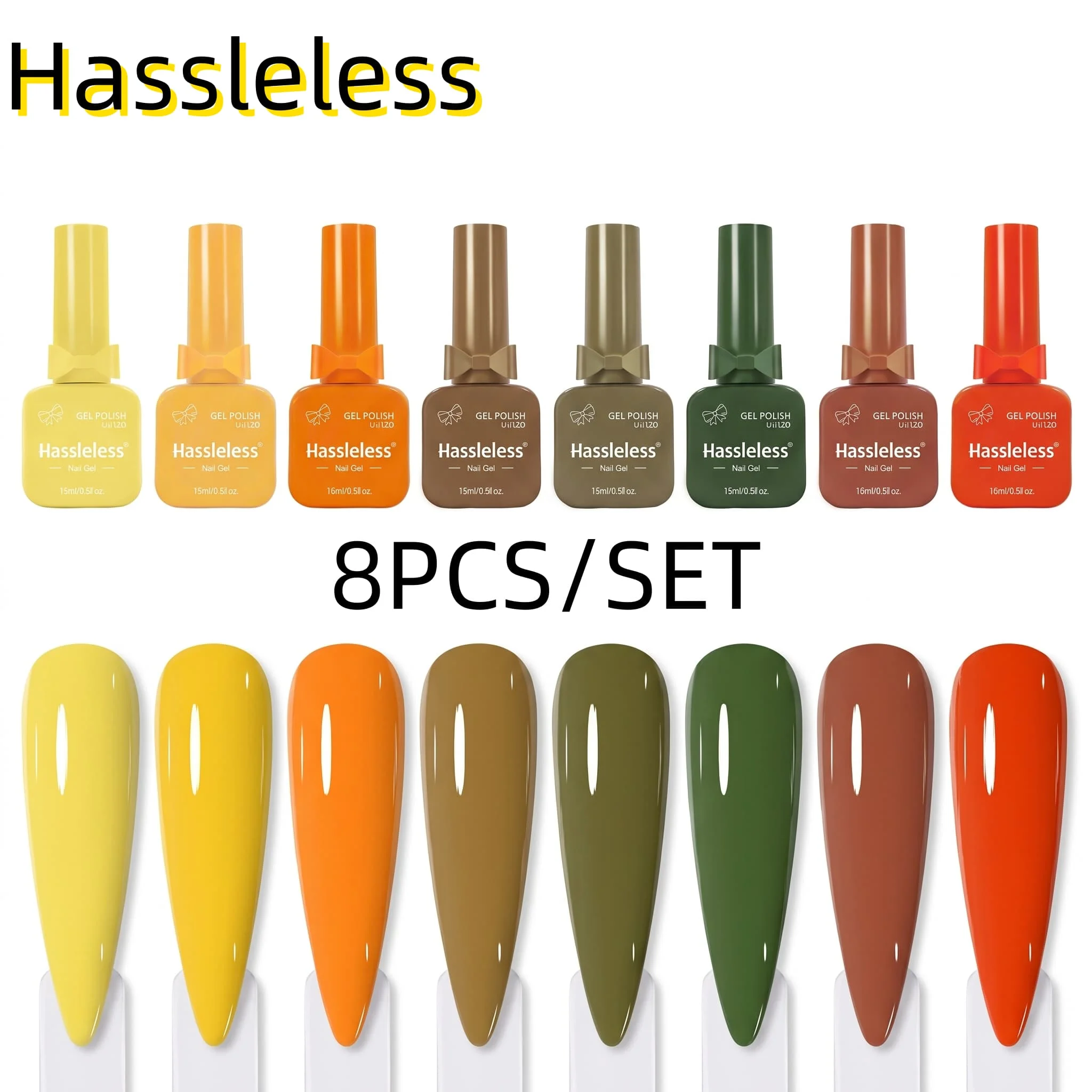 Hassleless 8-piece Fall/Winter Yellow-Orange-Olive-Green Gel Polish Set, featuring a combination of bright yellow-orange, caramel brown, and olive green, suitable for vintage autumn manicures, ideal for home DIY and na