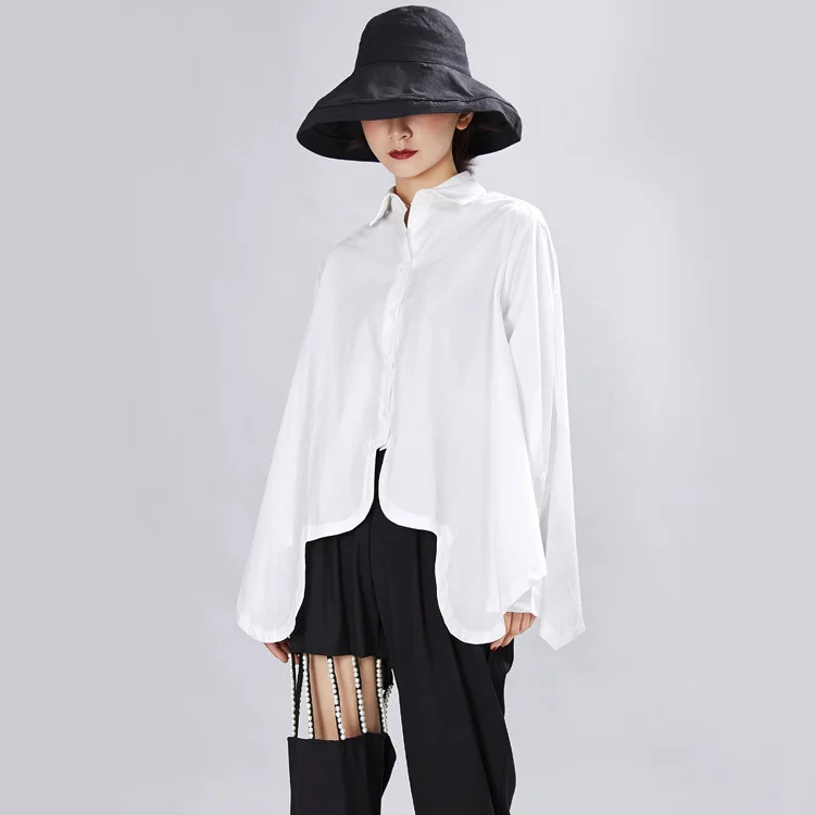 Tannt Women Shirt Irregular Long Sleeves Cotton White Casual Shirts Blouses Asymmetry Loose Oversize Long  Blouses Tops 2203 New