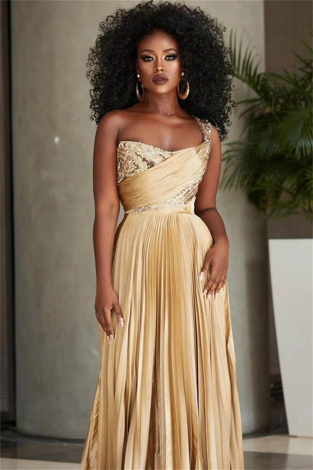 Bella Gold Pleated Prom Dresses Side Split A-line One Shoulder Wedding Dress Elegant Floor-length Sleeveles Vestidos De Fiesta