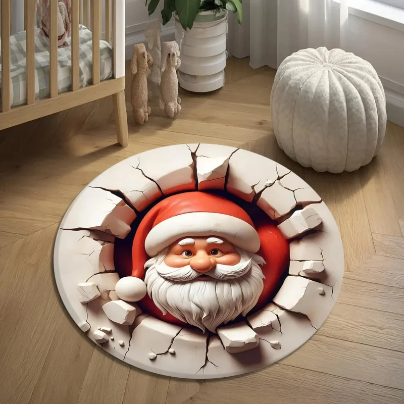 VIKAMA Christmas Round Rug Non‑Slip 3D Santa Claus Breaking Brick Wall Pattern Floor Mat For Living Room Bedroom Xmas Home Decor