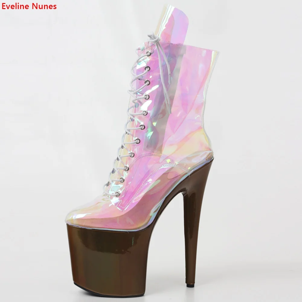 Transparent Catwalk Ankle Boots Women\'s Platform Stiletto 20cm Heel Cross Strap Round Toe Night Club Sexy Pole Dancing Shoes