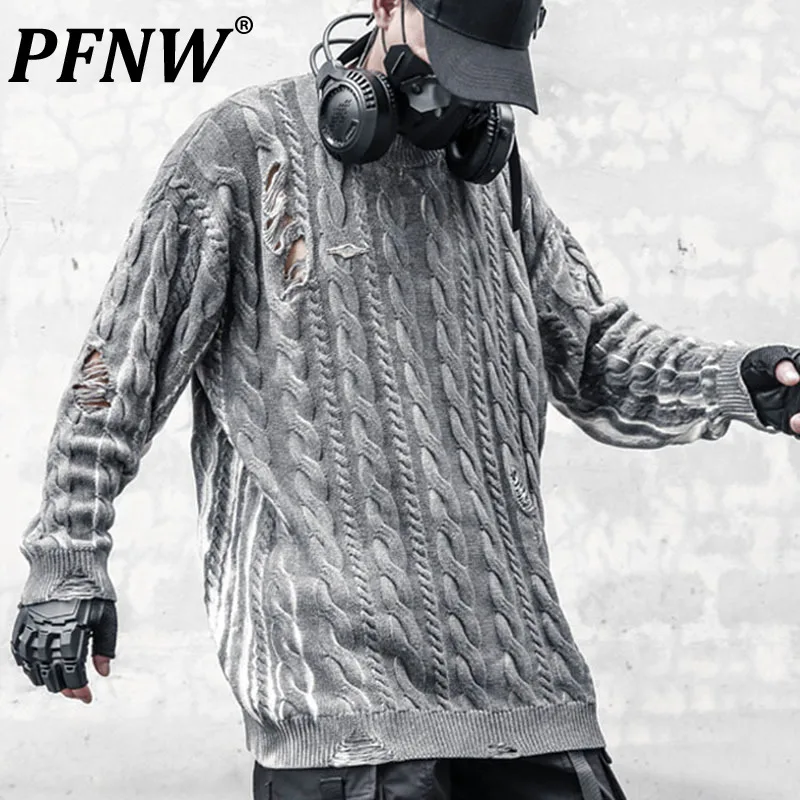 

PFNW Darkwear Men's Tide Hole Dirty Design Tassel Oversize Thin Sweater Twists Knitwear Loose Pullover Knitted Top Male 12C1539