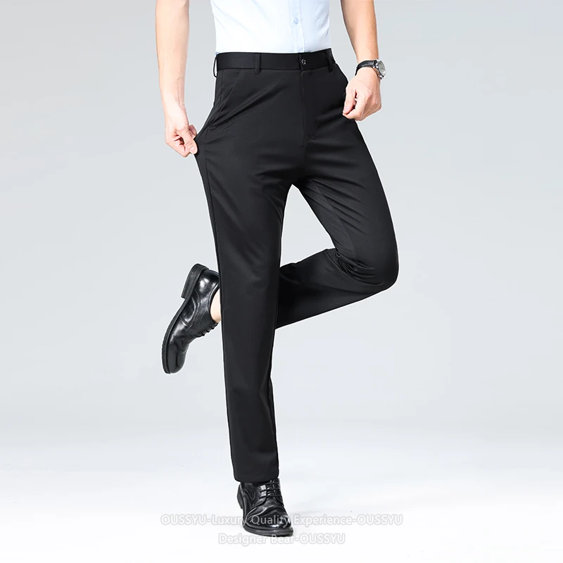 2026 New Summer Thin High Stretch Suit Pants Men Business Slim Straight Office Work Black Formal Trousers Man Plus Size 40 42