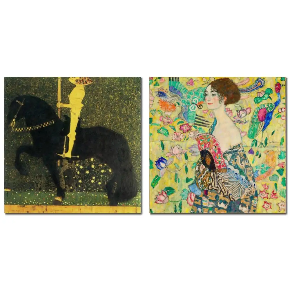 Large Size Landscape Lady with Fan Square Symbolism Oil Painting Canvas Gustav Klimt Hand Painted Masterpiece for Bar Display