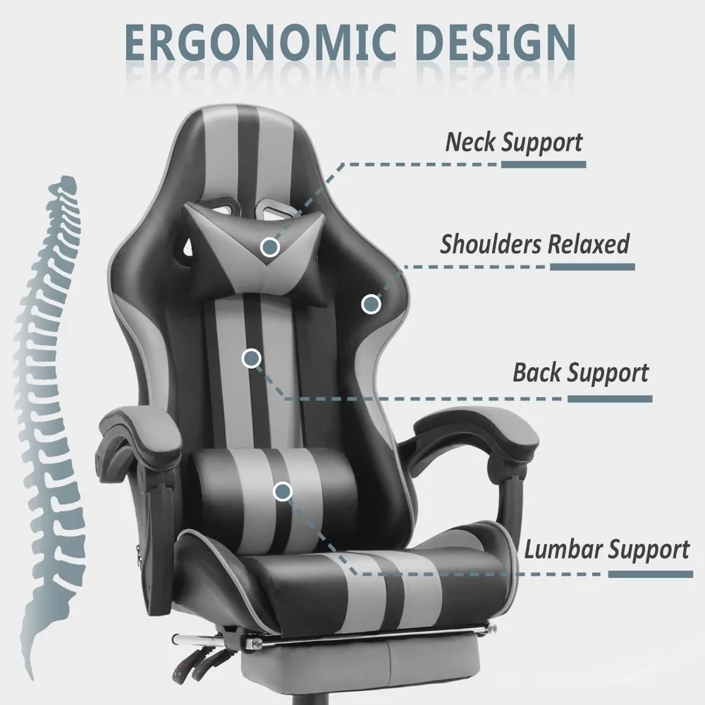 Grey Gaming Chairs with Footrest,PC Gaming Chair,Ergonomic Office Chair with Adjustable Headrest and Lumbar Support(Grey)