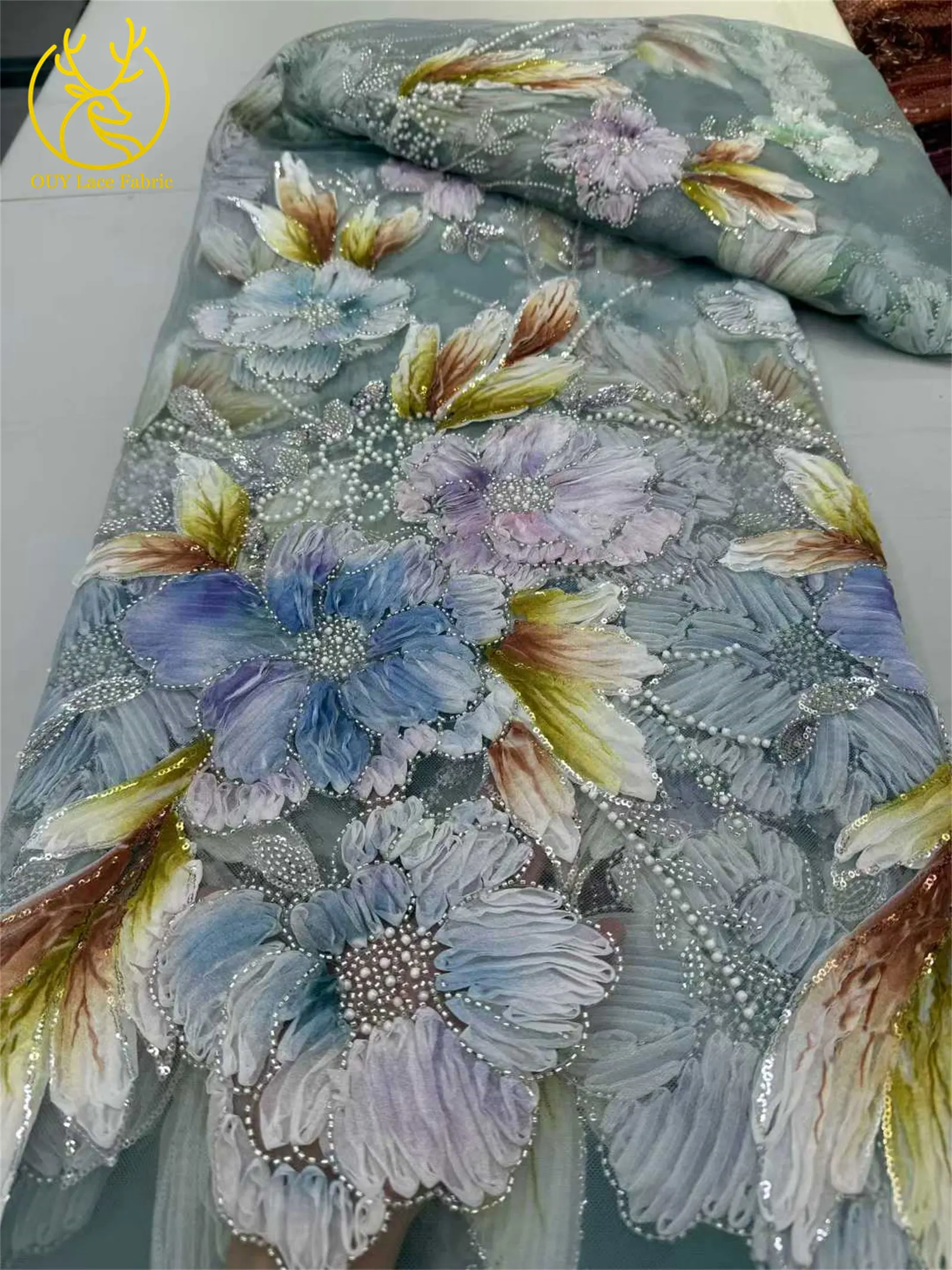 Afrika 3D-Blumenspitzenstoff 2026 Französischer Perlen-Pailletten-Spitzenstoff Nigeria Stickerei Tüll Spitze Brautparty Brautkleider – Detail 11