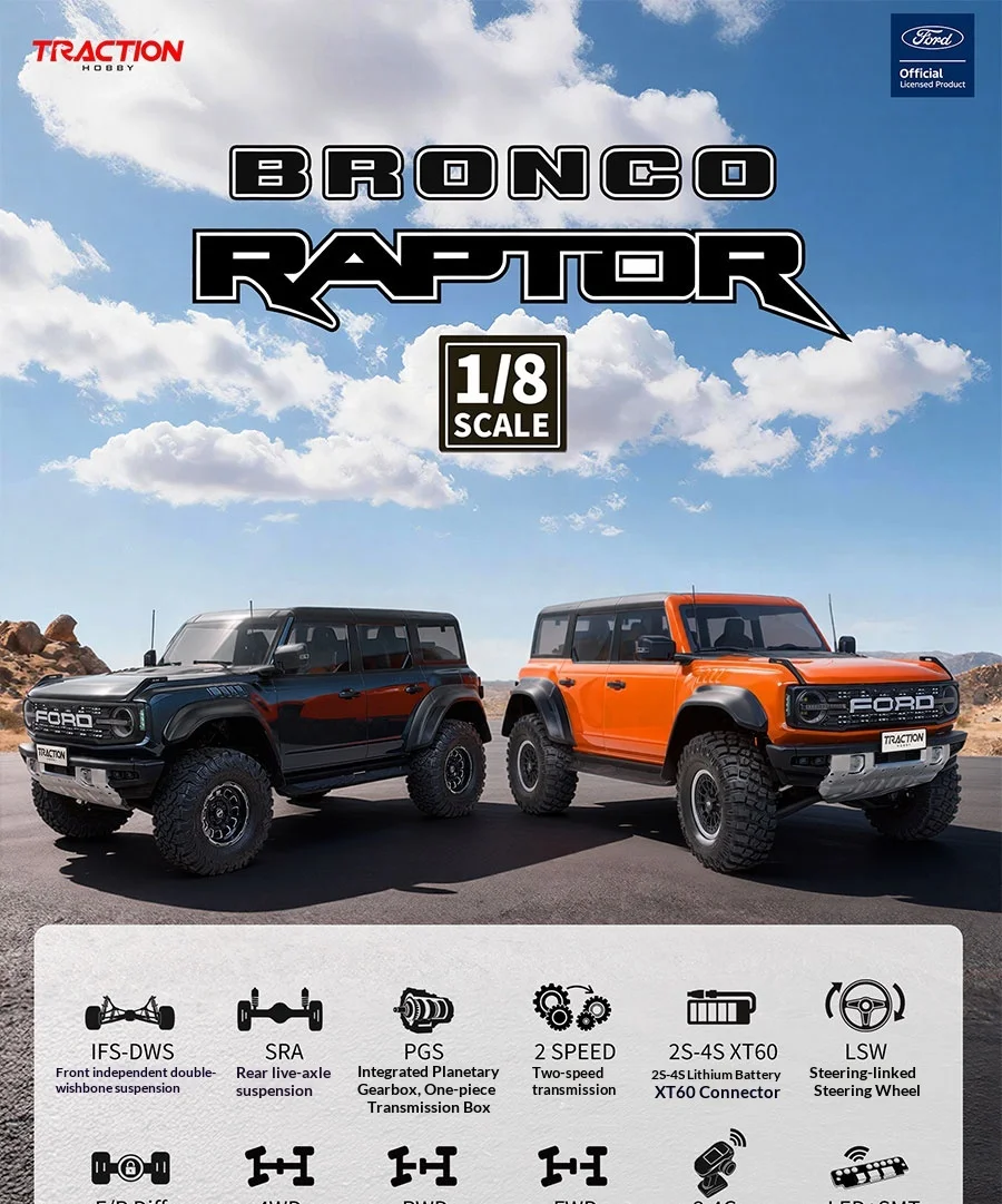 1/8 Scale KM Ford Bronco Raptor off-road crawler body and wheelbase