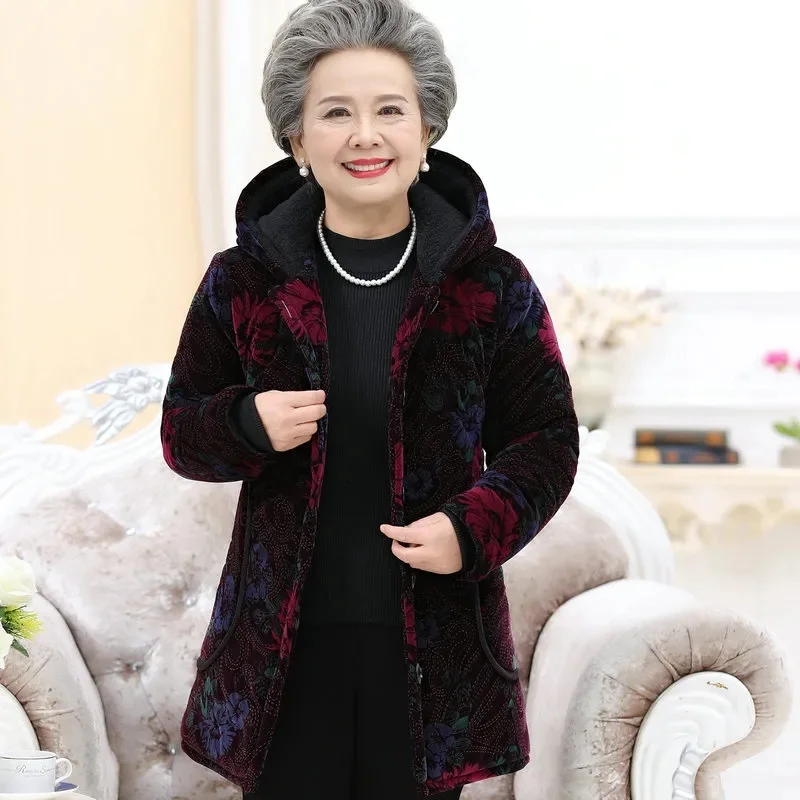 Grandma\'s Clothes Padded With Velvet Cotton-Padded Jacket\'s Elderly Women Wear Winter Medium Long Old Lady Corduroy Hooded Coat