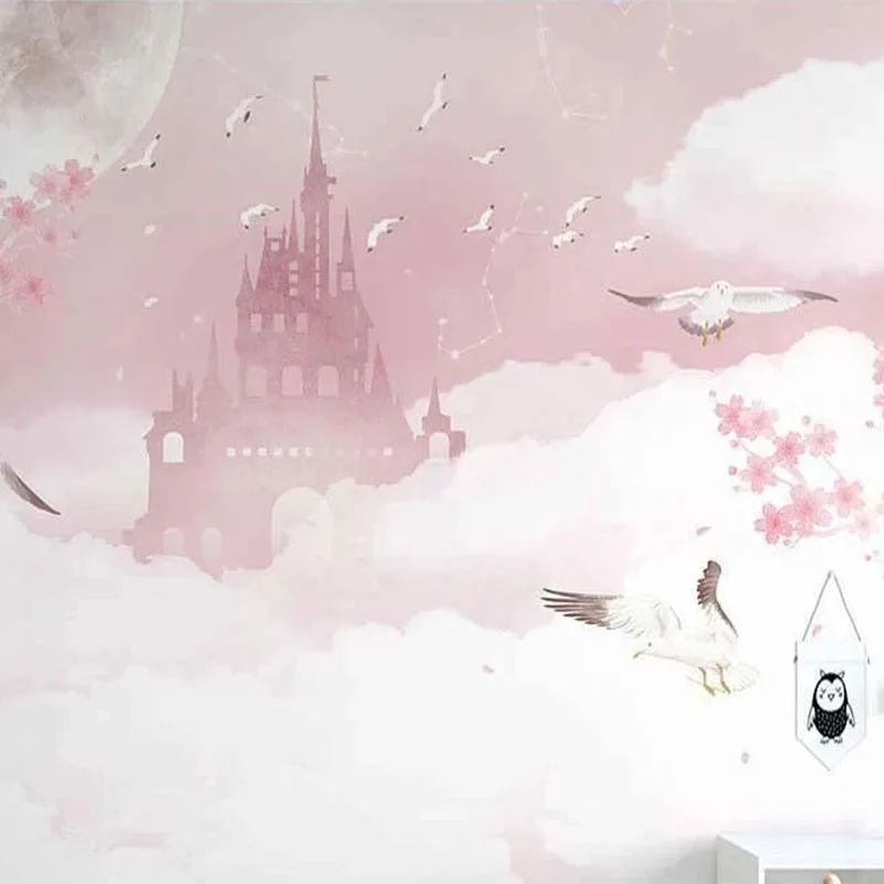 Custom Any Size Mural Wallpaper Nordic Ins Hand-painted Pink Clouds Cute Castle Flowers Children Room Background Wall Painting