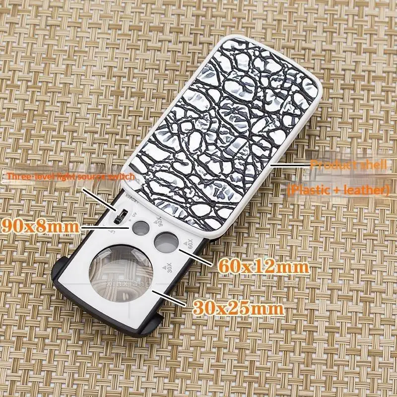 @*Portable Slide Out Jewelry Magnifier 30X/60X/90X LED UV Light Loupe for Gem Identification Daily Precision Work