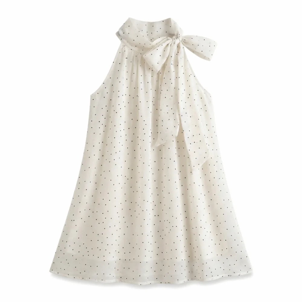 

Chic Bow Polka Dot Shirt Retro Y2k Hanging Neck Sleeveless Top French Style Gentle Women's Puff Shirt Spring and Summer