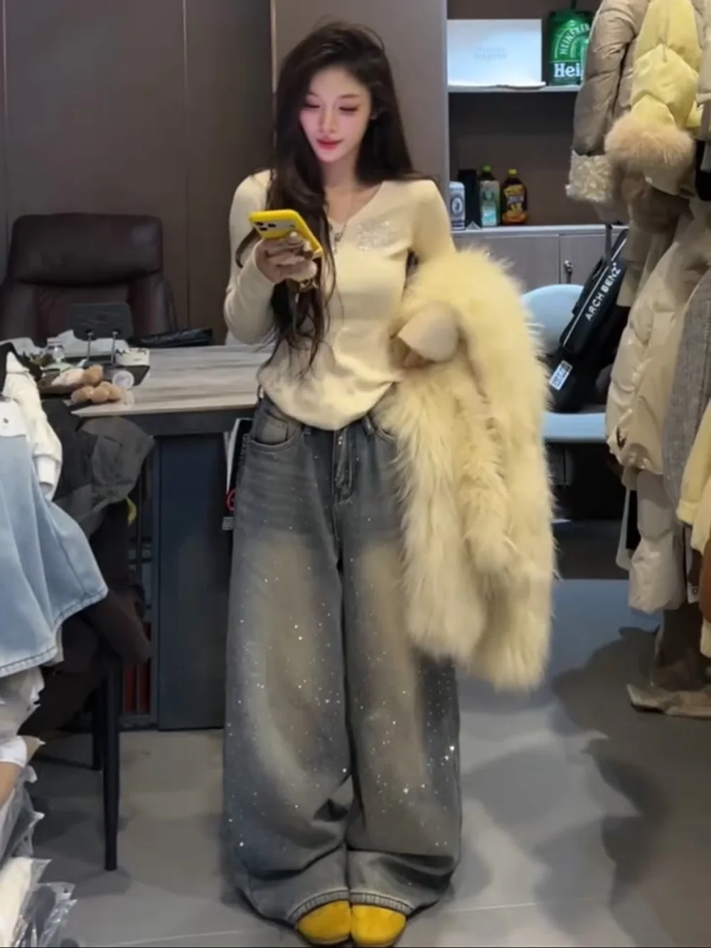 

American Sle Heavy Du Rhinestone Fce Lined Wide Leg Jeans Women's Loose Fit High Waist Cotton Winter New Arrival