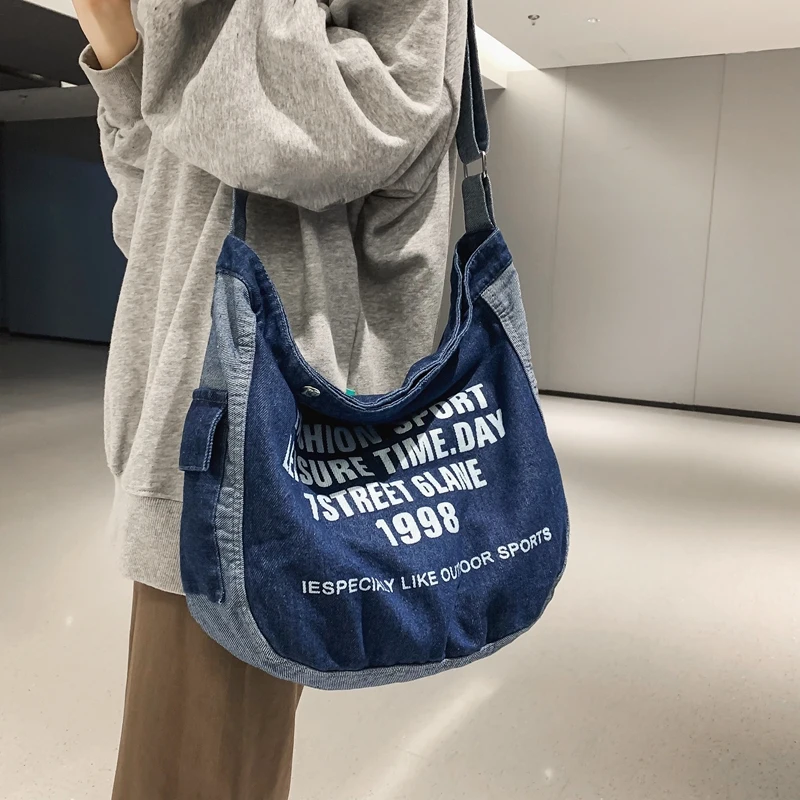 Letter Print Denim Shoulder Bags For Women New Shopper Bag Casual Eco Bag Korean Canvas Messenger Bag Y2K University Cross Bag