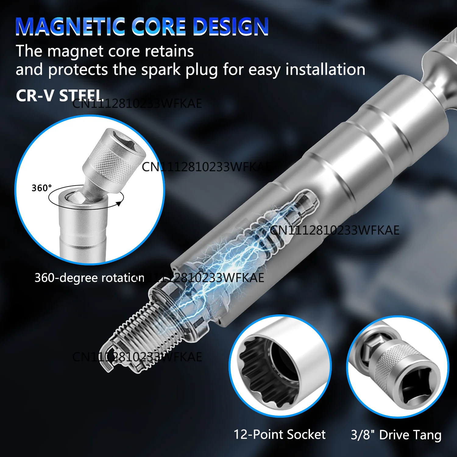 15pcs spark plug socket wrench adapter magnetic, 12 angle with ratchet wrench, spark plug gapper and extension rod