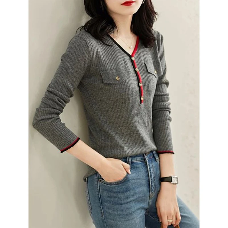 2024 Spring Autumn New Solid Vintage Knitwear Women Slim Elasticity Casual Soft Comfortable Sweaters Daily Casual Pullover Tops