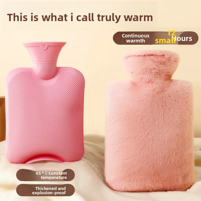 Imitation Rabbit Fur Plush Water-Injection Hot Water Bottle for Women, Hand Warmer, Belly Heat Therapy, Thickened Explosion-Proo