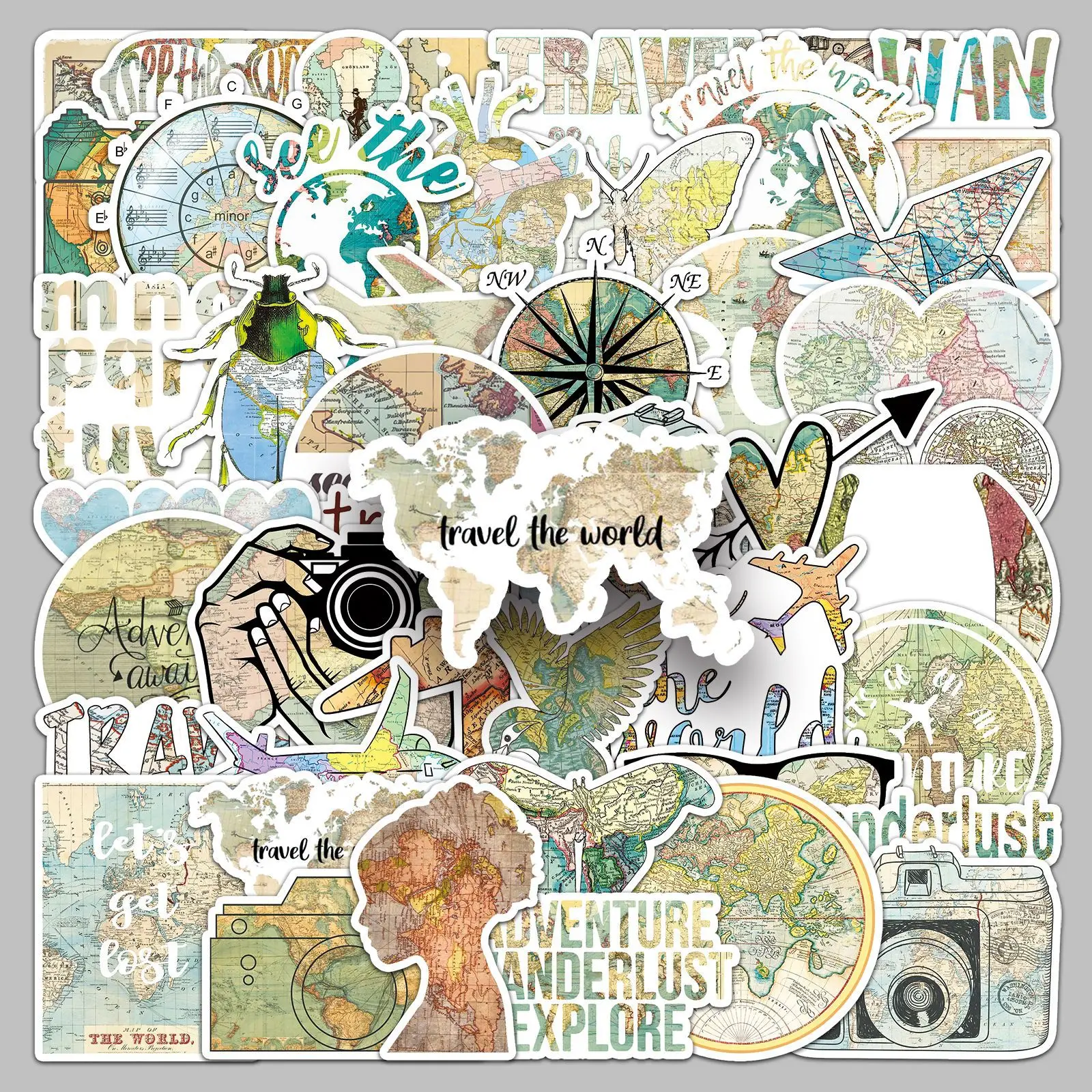 50개 만화 세계지도 스티커 아트 레트로 창의적 그래피티 방수 데칼 장난감 DIY 물컵 문구류 상자 여행가방 데칼