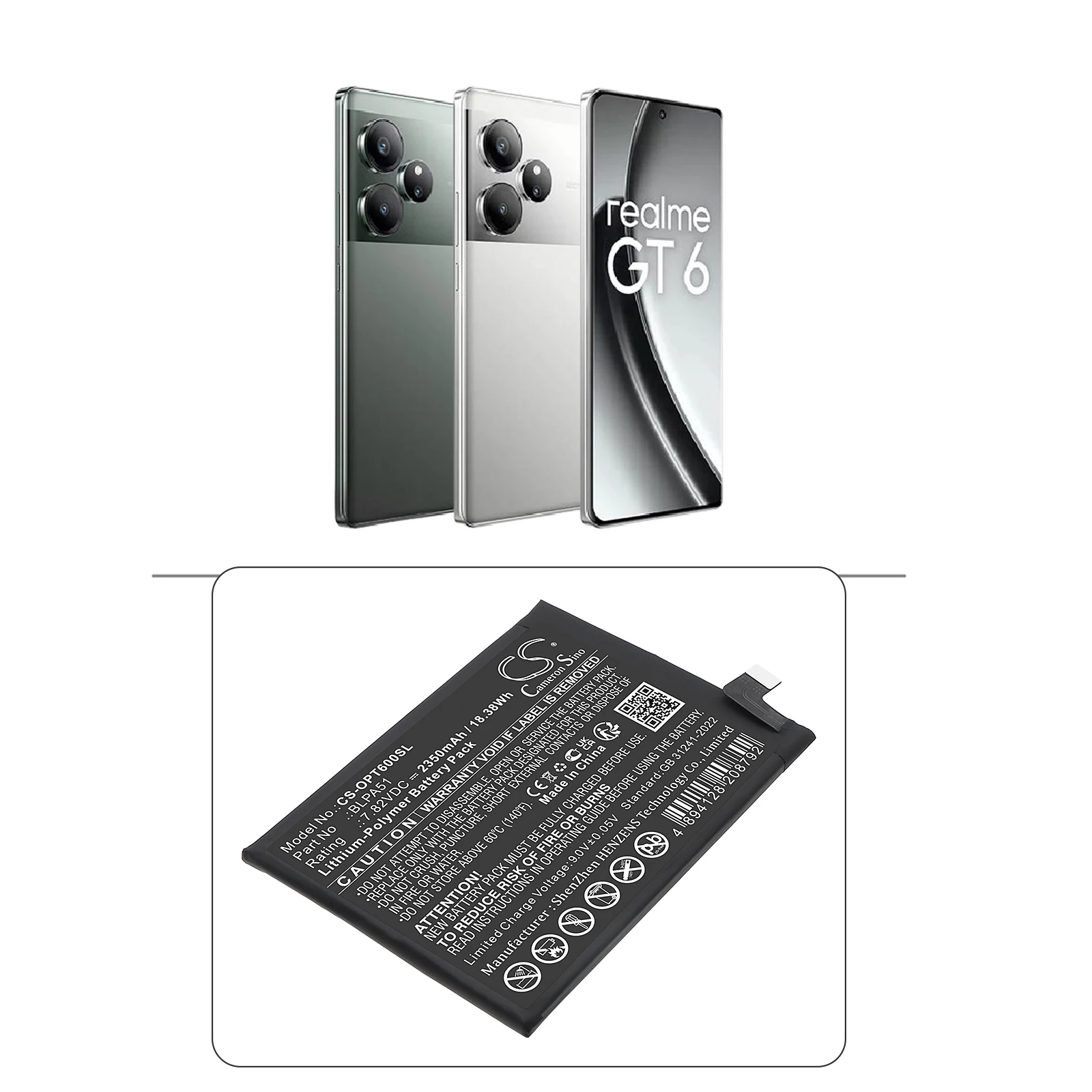 Replacement 7.82V 2350mAh Mobile SmartPhone Battery BLPA51 for Oppo Realme GT 6T