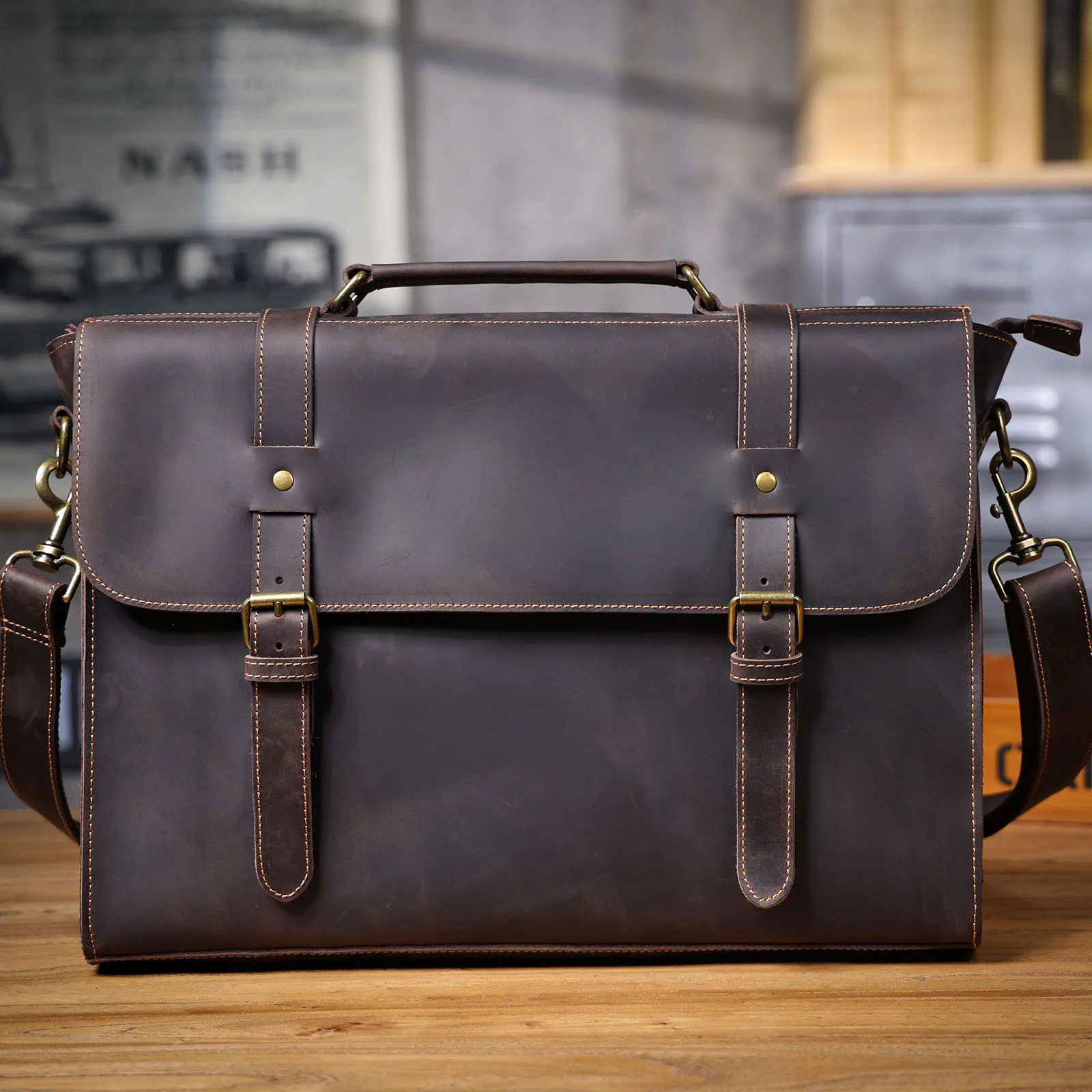 casual designer handmade first layer cowhide men's briefcase  business vintage luxury real leather 15-inch laptop handbag