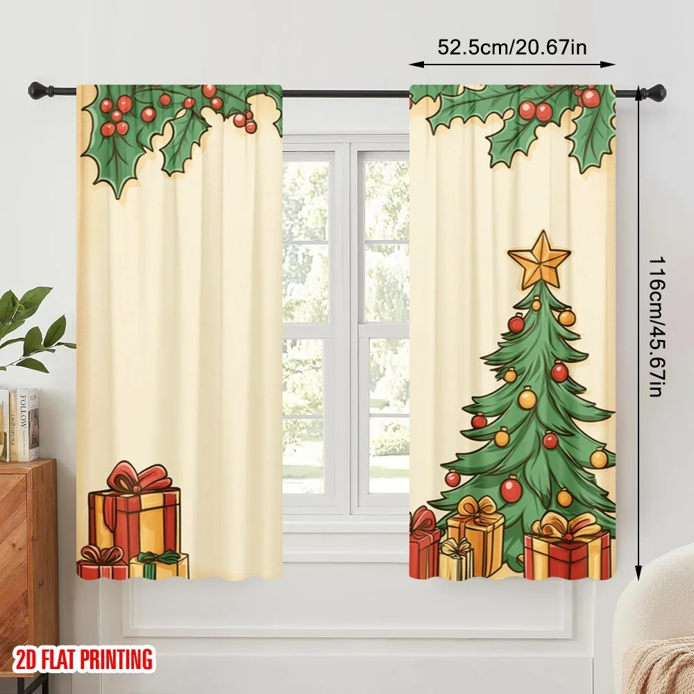 2pcs,2D plane printing Curtains Digital Printed Christmas Tree Gifts Holly Wreath (2) Versatile Fabric (without rod) All Seasons