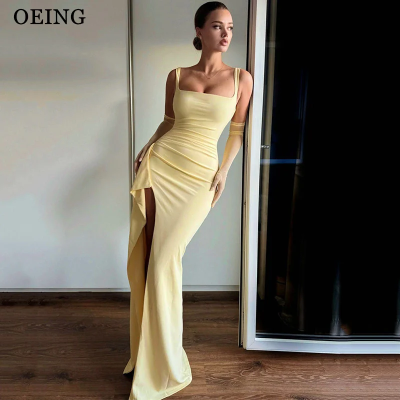 

OEING Simple Yellow Mermaid Prom Dresses Spaghetti Strap Side Slit Party Gowns Floor Length Cocktail Dresses Customized