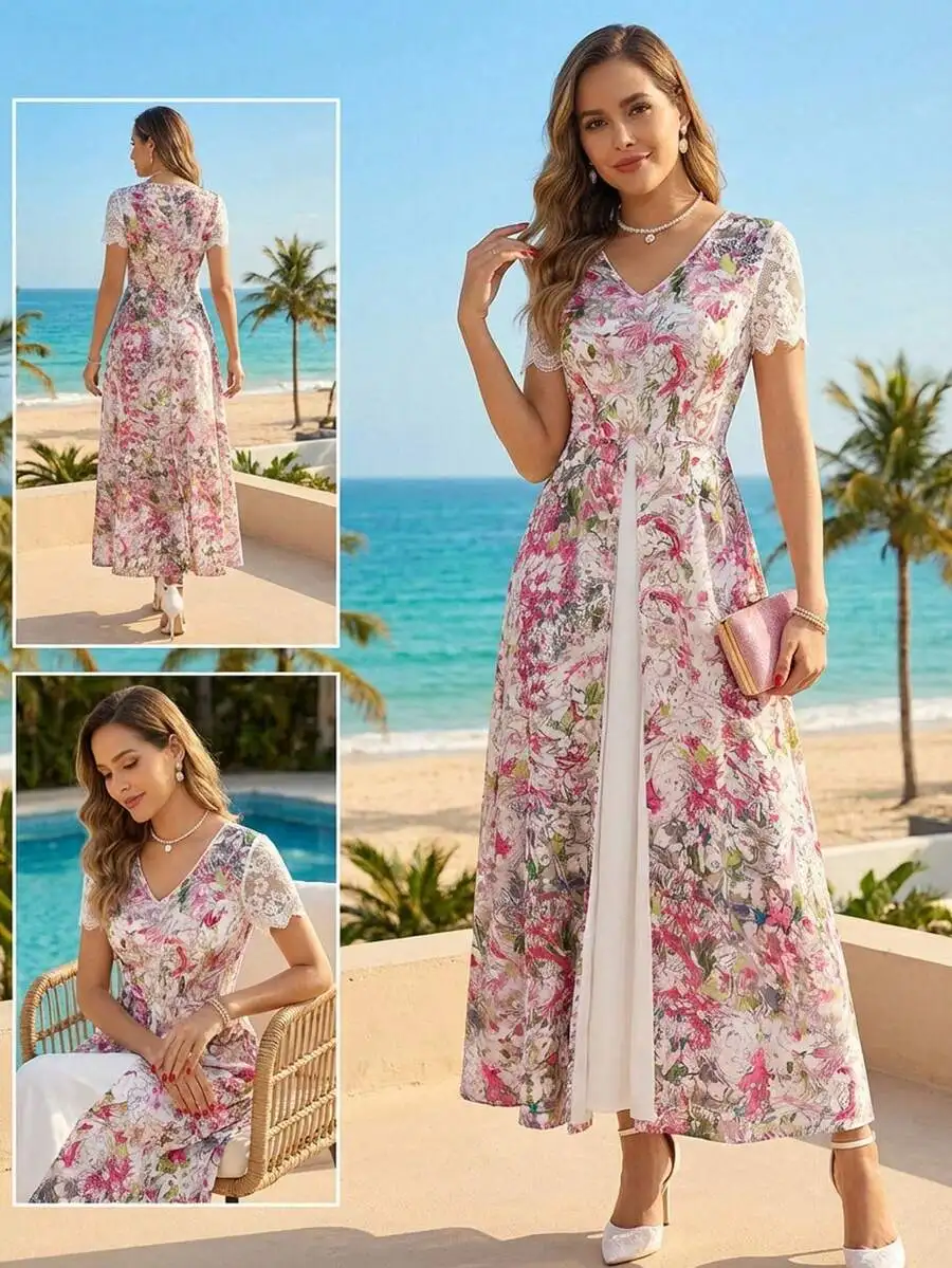 

Elegant Floral Print Lace Trim Long Dress For Women Summer Vacation Party Outfit