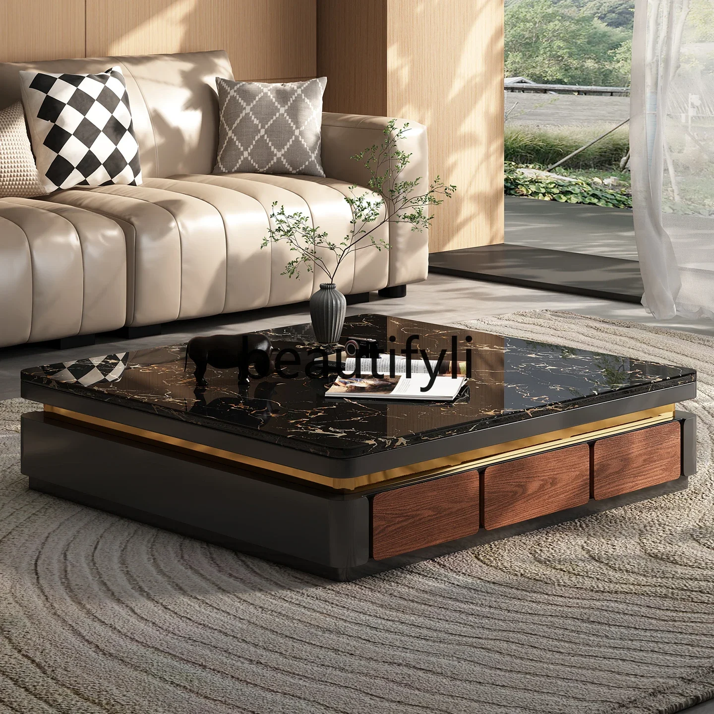 

High-end Villa Natural Marble Solid Wood Coffee Table Living Room Luxurious Feel