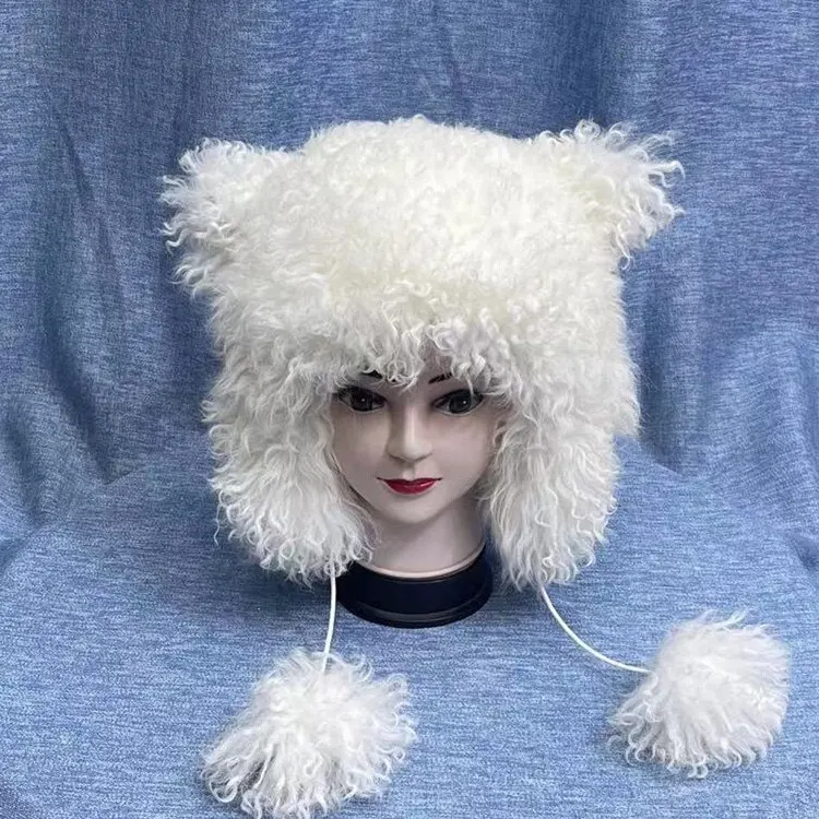 Warme Winter-Tiermotive Mütze aus Lockiger Wolle und Echtem Leder Neuer Stil für Männer und Frauen Gemütliche Echtpelz-Mütze für Kaltes Wetter – Detail 5