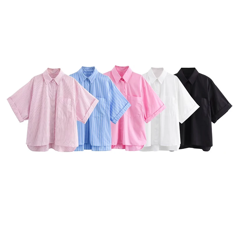 

Женская блузка в полоску, Повседневная модная однобортная рубашка с карманами и коротким рукавом, свободный женский топ, лето 2024