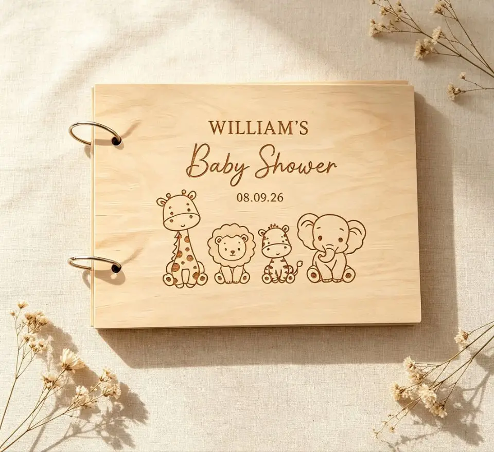 Livre d'or de naissance en bois gravé sur mesure, Livre d'or de naissance personnalisé avec nom et date, Album photo souvenir en bois