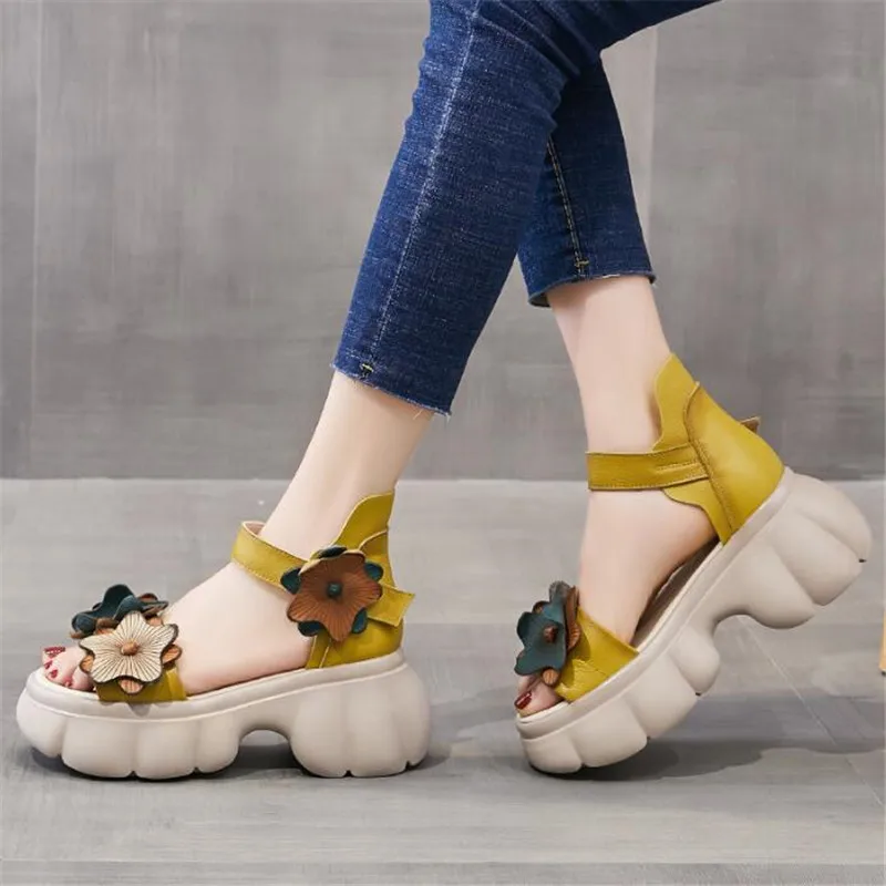 ZXRYXGS Head Layer Cowhide Classic Flowers Sandals Fashionable Shoes 2024 Summer Comfort Thick Soled High Heels Women\'s Sandals